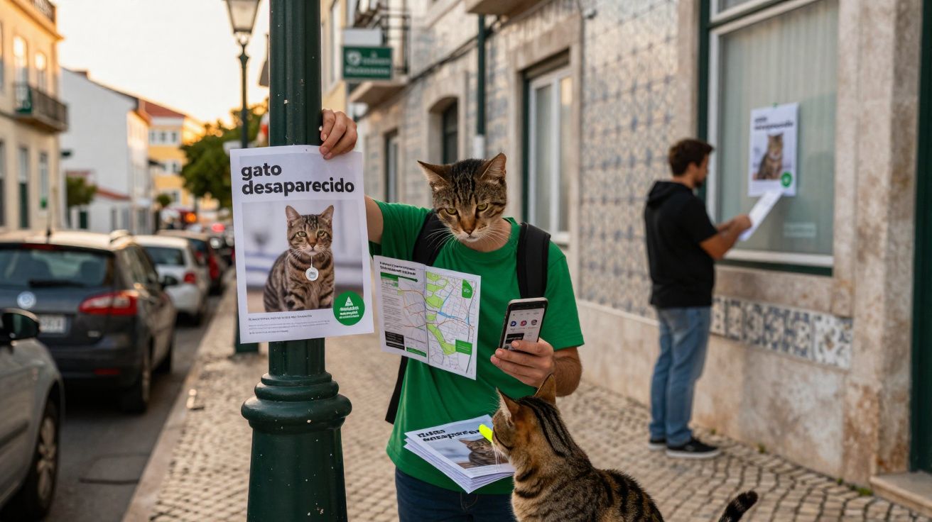 Pessoa com rosto de gato segurando cartazes de gato desaparecido em poste, gato olha para folhetos na calçada.