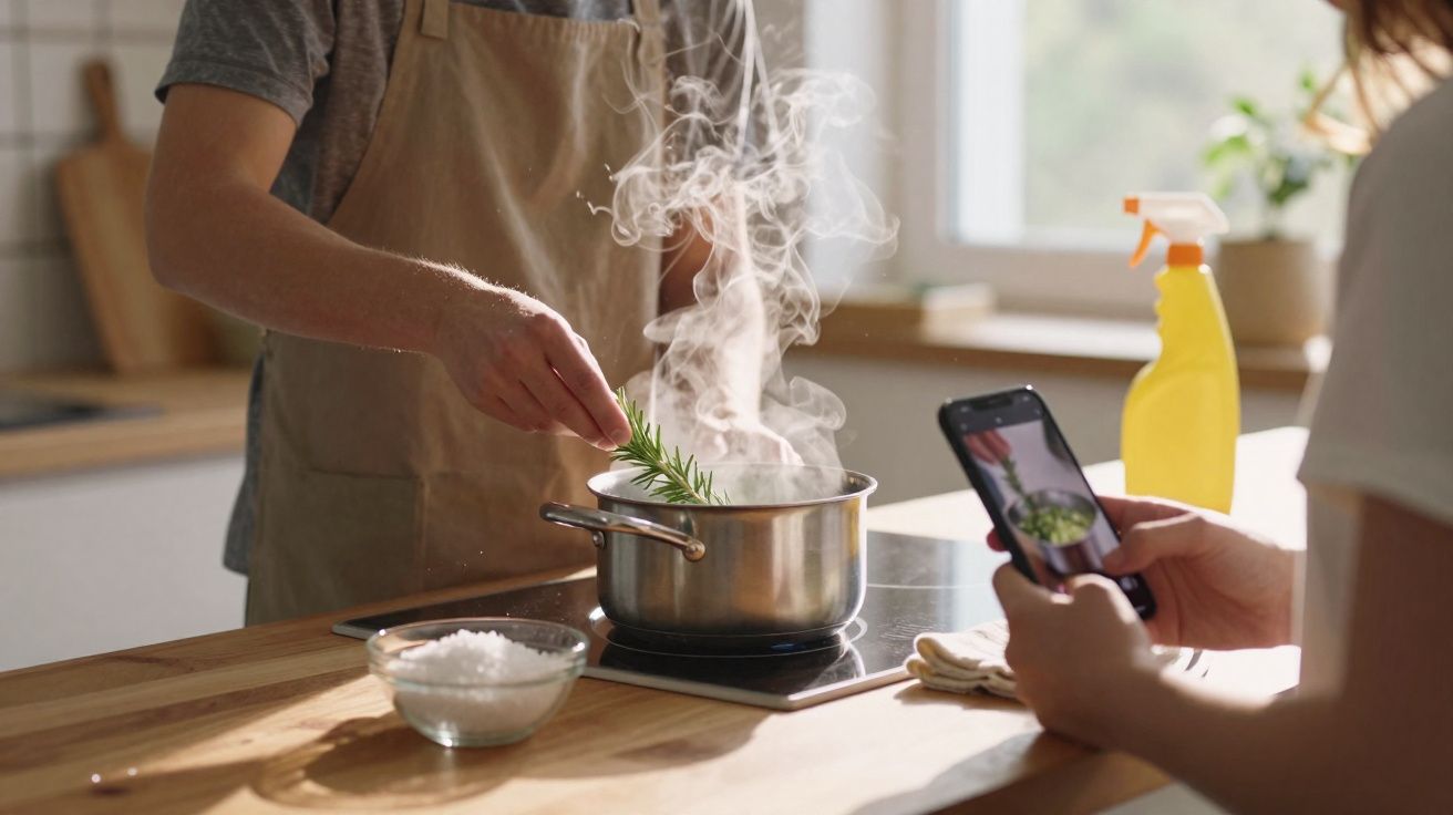 Pessoa cozinhando com ervas em panela com vapor, enquanto outra fotografa com celular em cozinha iluminada.