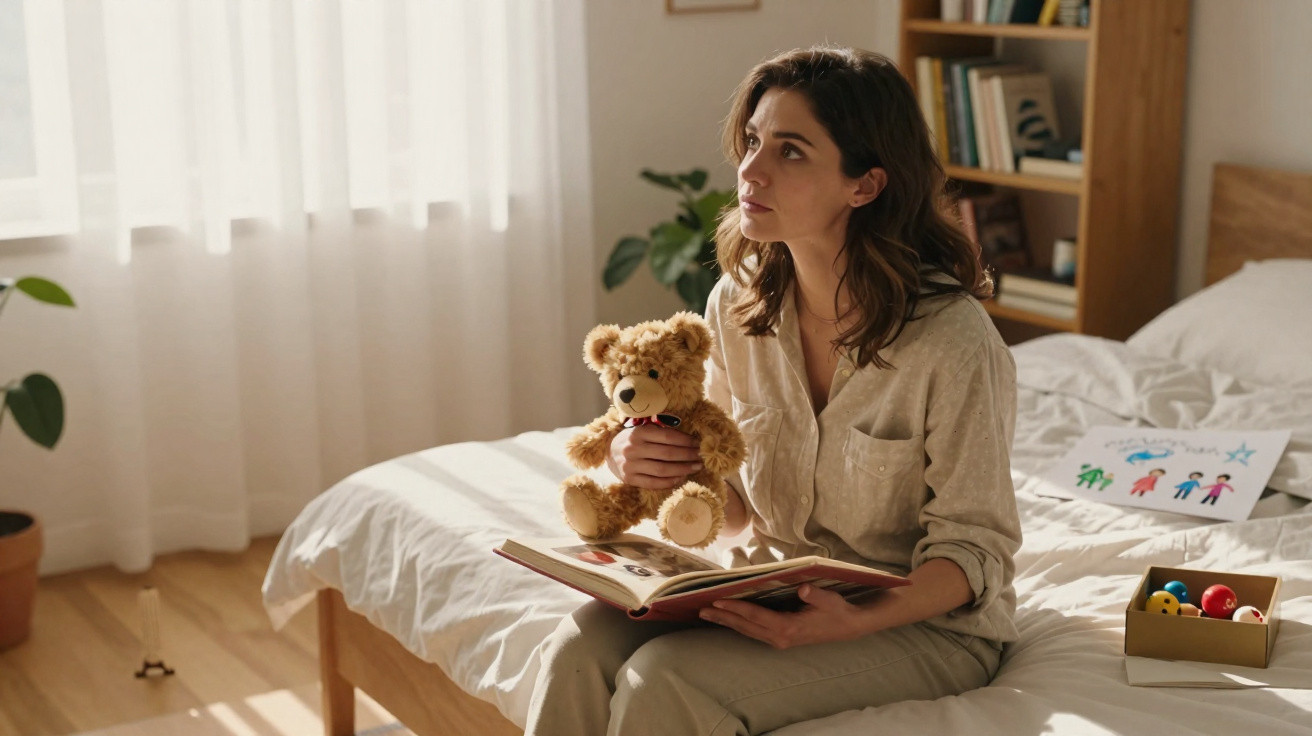 Mulher sentada na cama segurando um ursinho de pelúcia e um livro aberto, olhando pensativa.