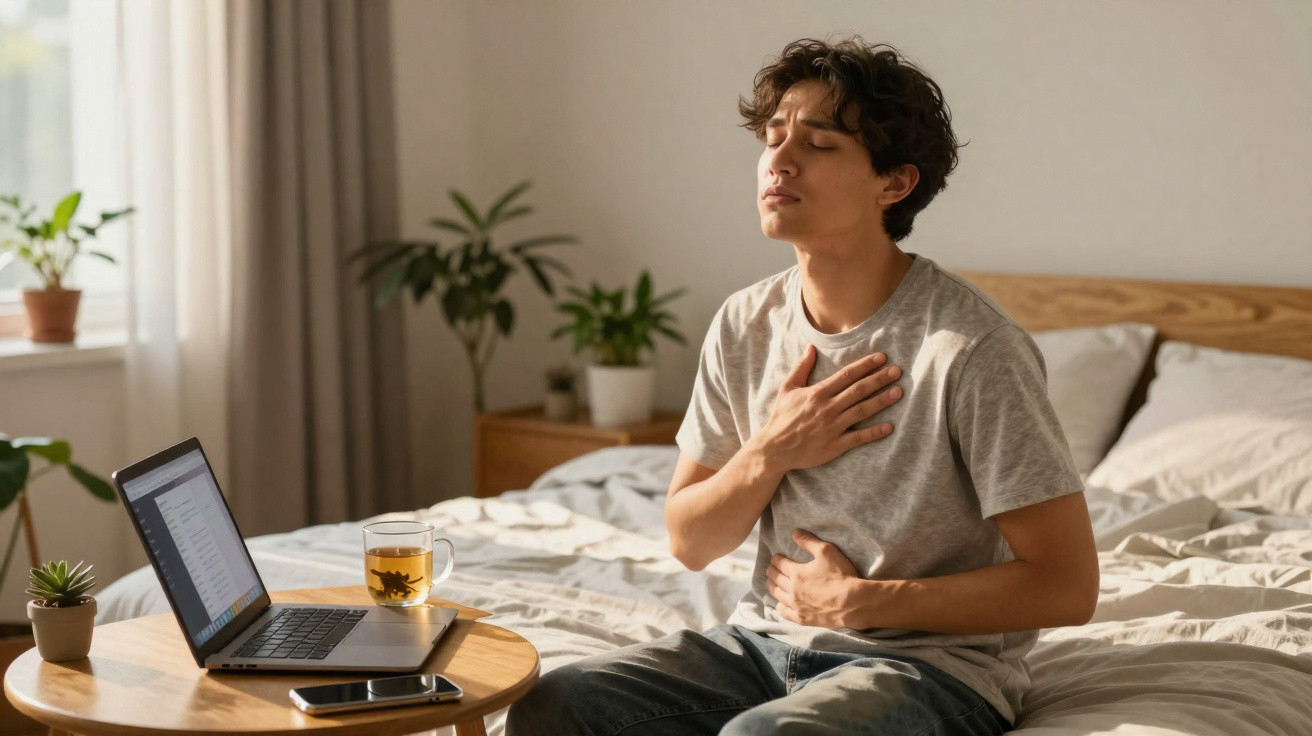 Jovem sentado na cama com expressão de dor, segurando o peito e abdômen, ao lado de um laptop e celular.
