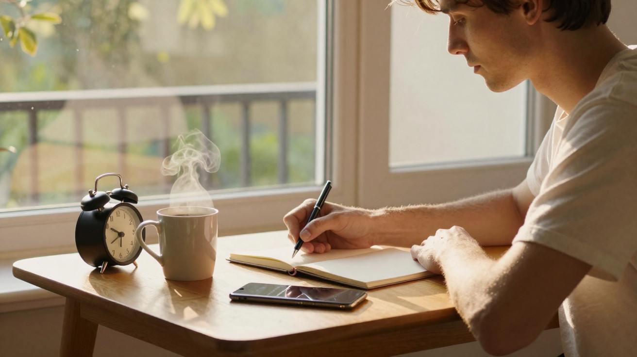 Jovem escrevendo em um caderno em mesa com celular, xícara de café fumegante e relógio despertador.