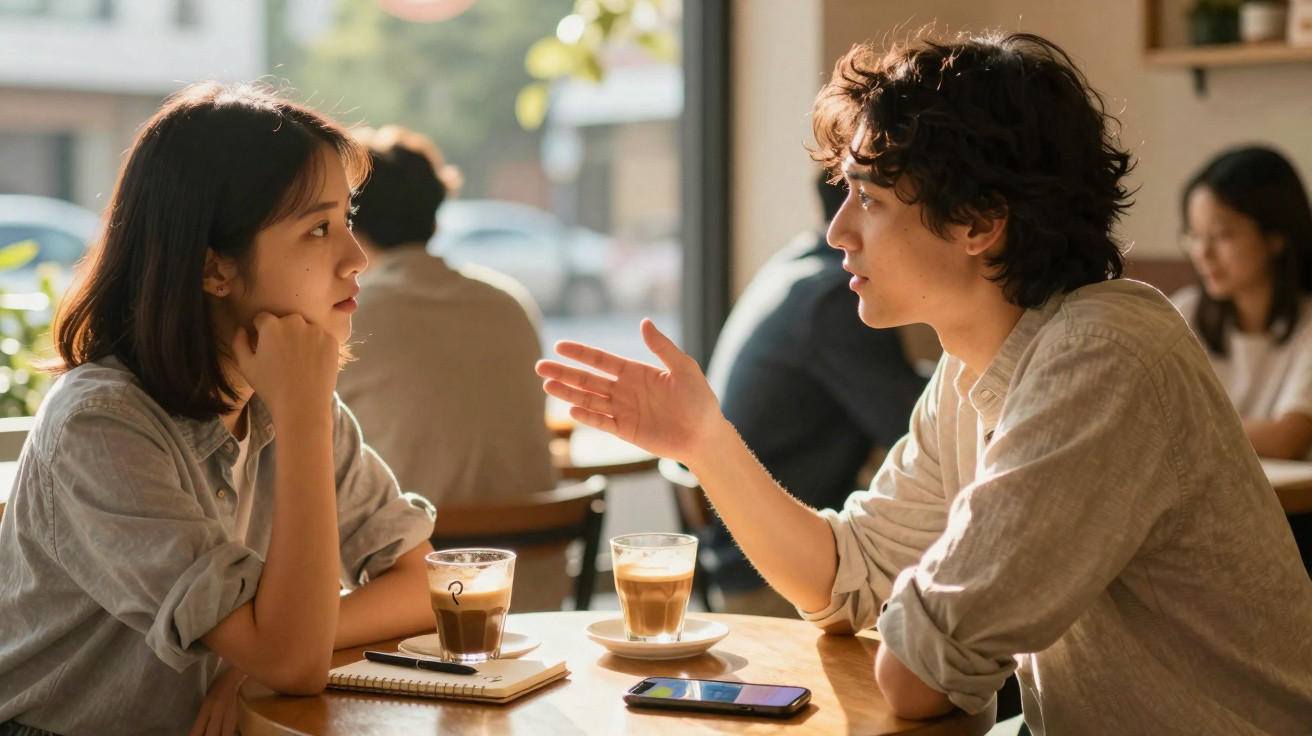 Casal jovem conversando em café com bebidas e celular sobre a mesa em ambiente iluminado natural.