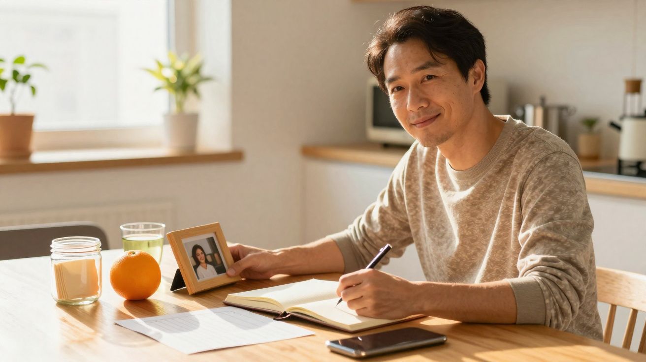 Homem sorrindo enquanto escreve em caderno, segurando foto em porta-retrato na mesa com frutas e documentos.