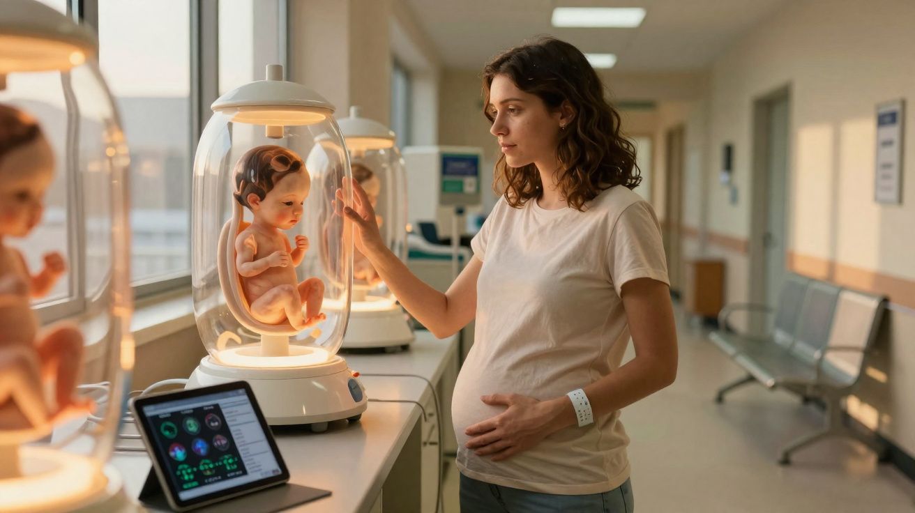 Mulher grávida observa monitores com bebês em cápsulas futuristas em corredor de hospital.