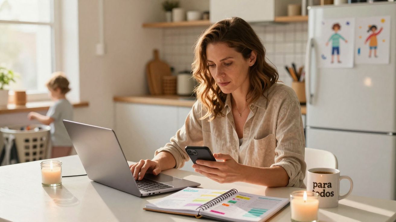 Mulher trabalhando na cozinha com laptop, celular, agenda, velas acesas e criança ao fundo.