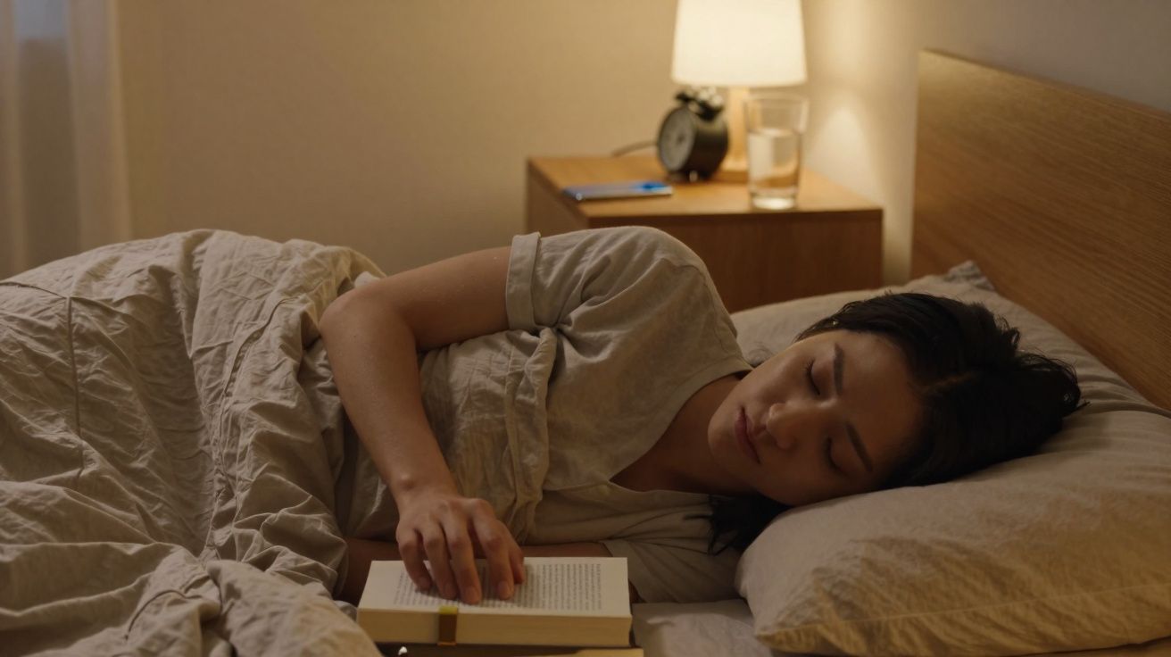 Mulher dormindo de lado na cama com livro aberto ao lado e abajur ligado no criado-mudo.