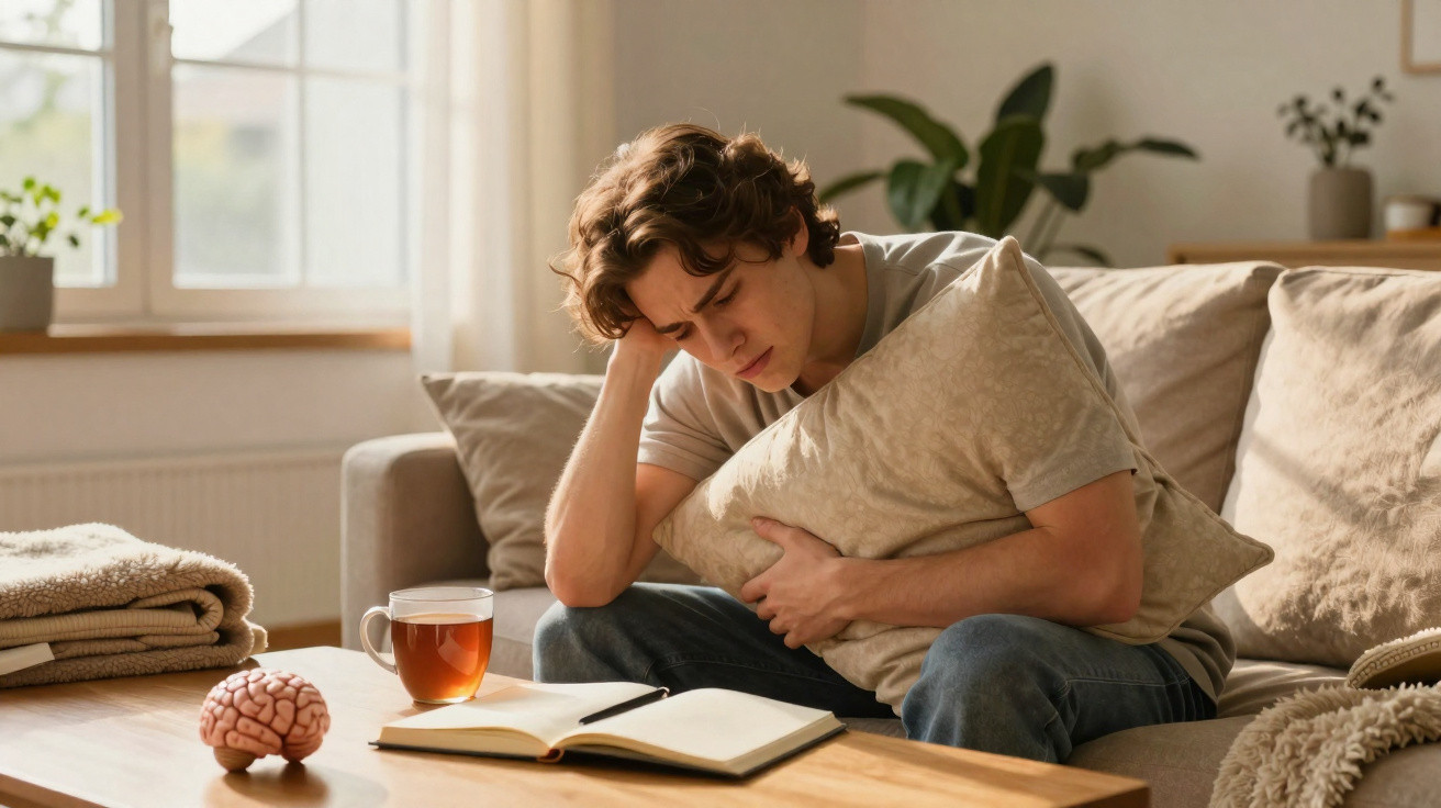 Jovem sentado no sofá abraçando almofada, com expressão de dor, livro aberto e chá à frente na mesa.