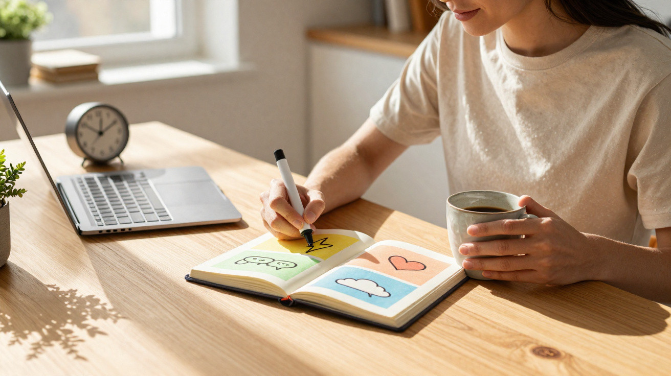Pessoa desenhando em caderno colorido enquanto segura caneca, com laptop e relógio na mesa de madeira clara.