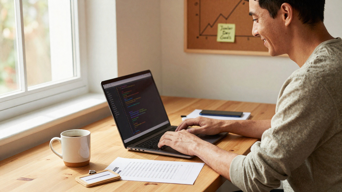 Homem sorridente programando em laptop próximo a janela com caneca e documento em mesa de madeira.