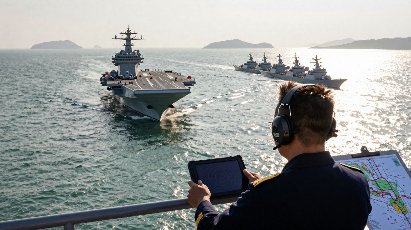 Oficial da marinha observa frota naval com porta-aviões e destróieres em mar calmo ao amanhecer.