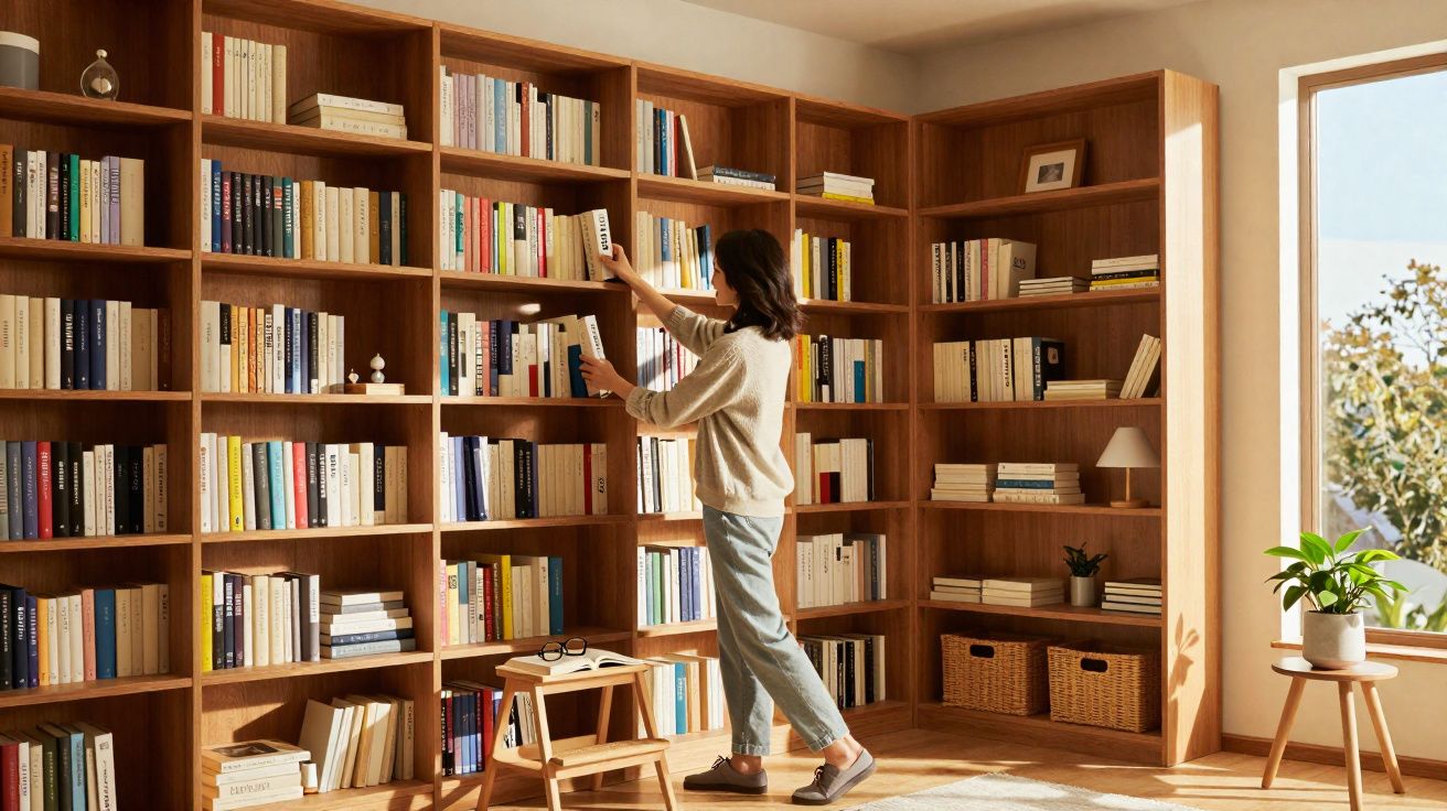 Mulher organizando livros em estante de madeira em sala iluminada por janela ampla.