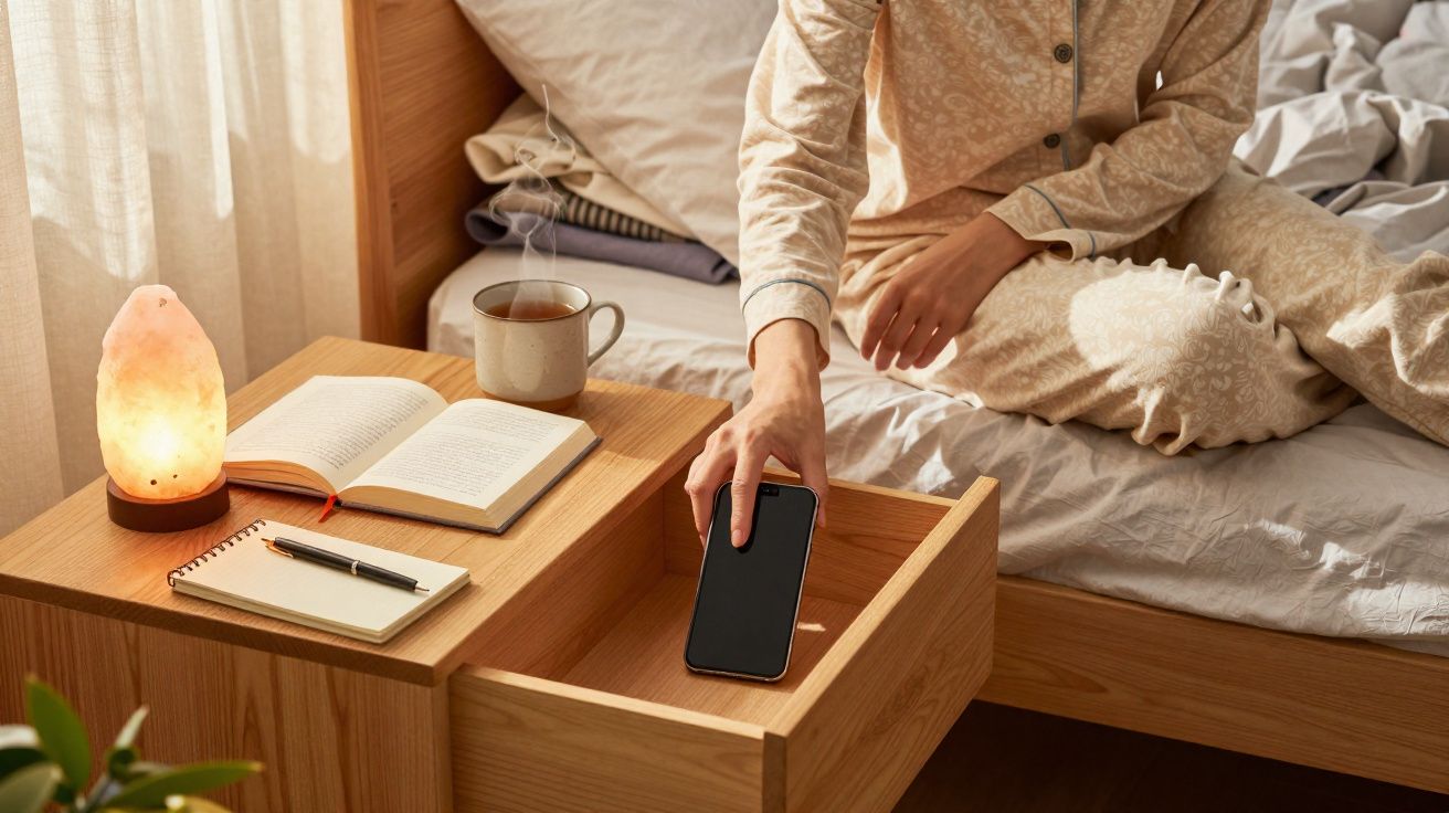 Pessoa em pijama sentada na cama pegando celular na gaveta de criado-mudo com livro e xícara de chá.