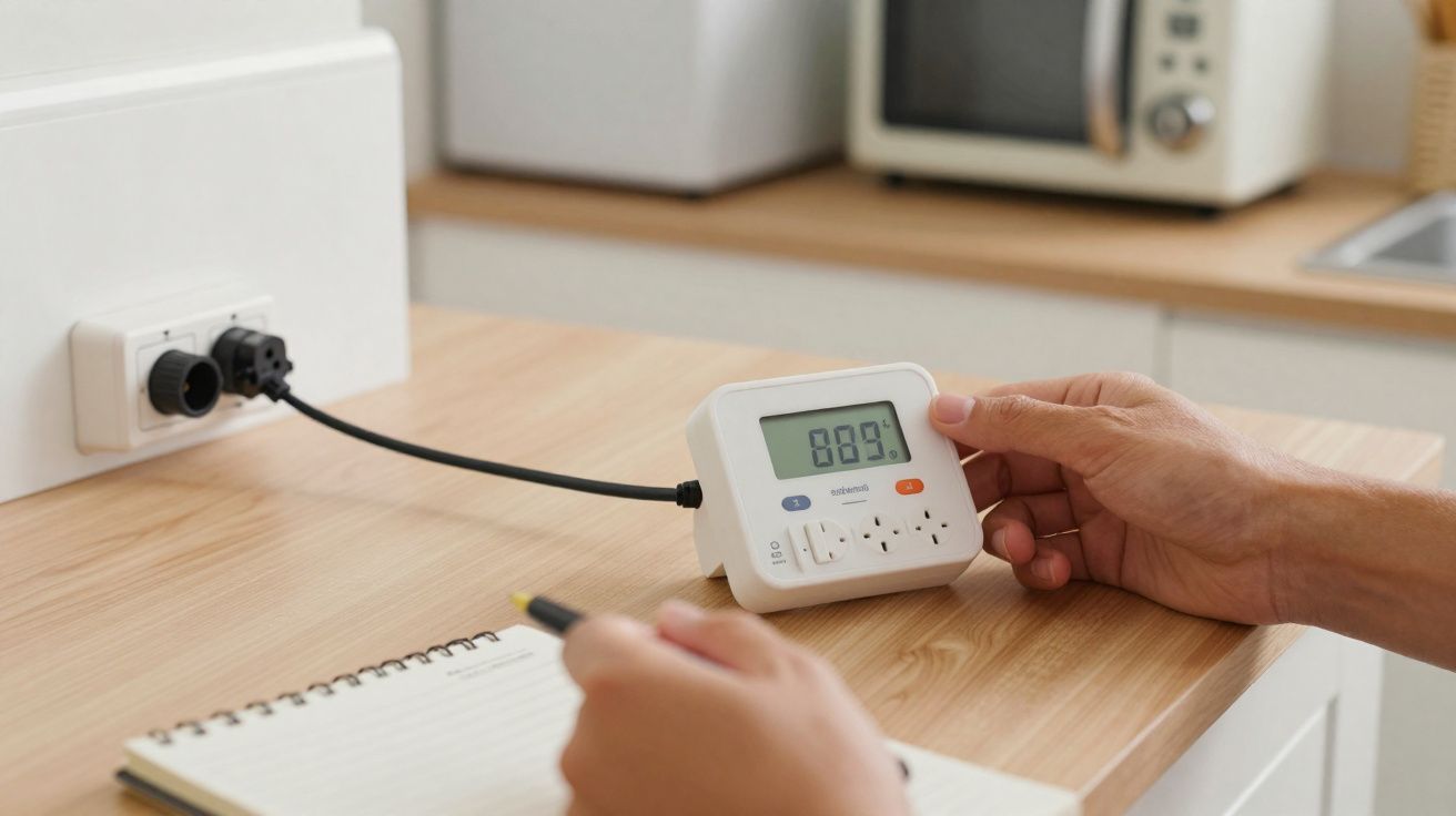 Pessoa ajustando medidor de consumo elétrico conectado na tomada em balcão de madeira com caderno ao lado.