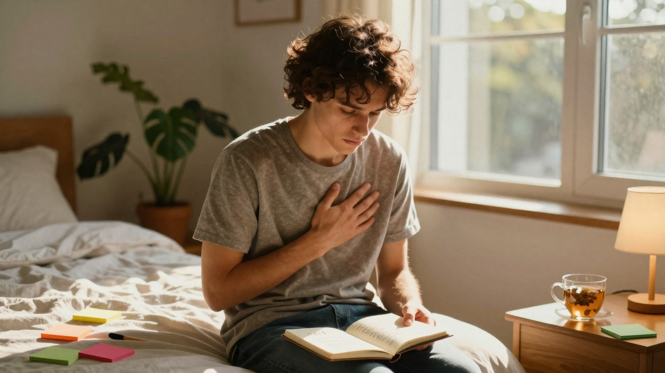 Jovem sentado na cama lendo livro, com a mão no peito, em quarto iluminado pela luz natural.