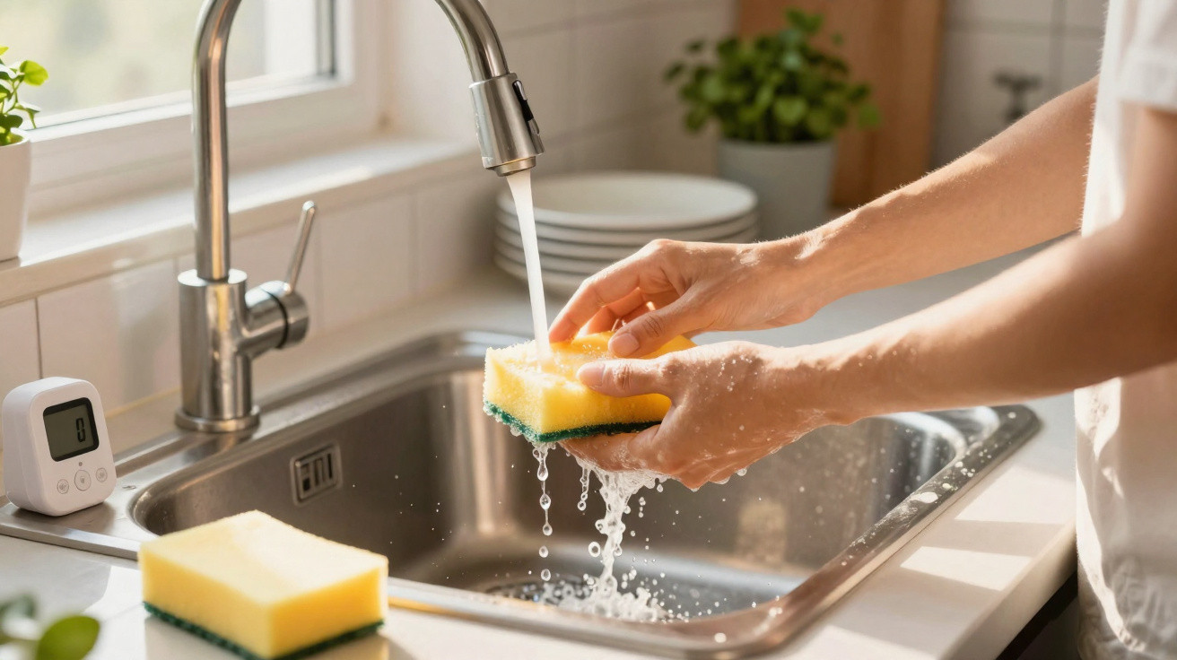 Mãos lavando uma esponja amarela na pia com torneira aberta em cozinha bem iluminada.