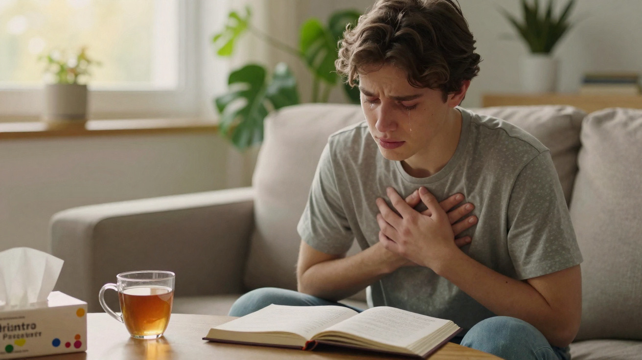 Jovem sentado no sofá chorando e segurando o peito com livro aberto e chá na mesa à frente.