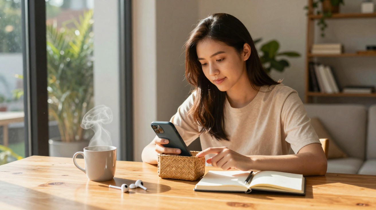Jovem sentada à mesa, olhando para o celular com notebook aberto e xícara de café fumegante ao lado.