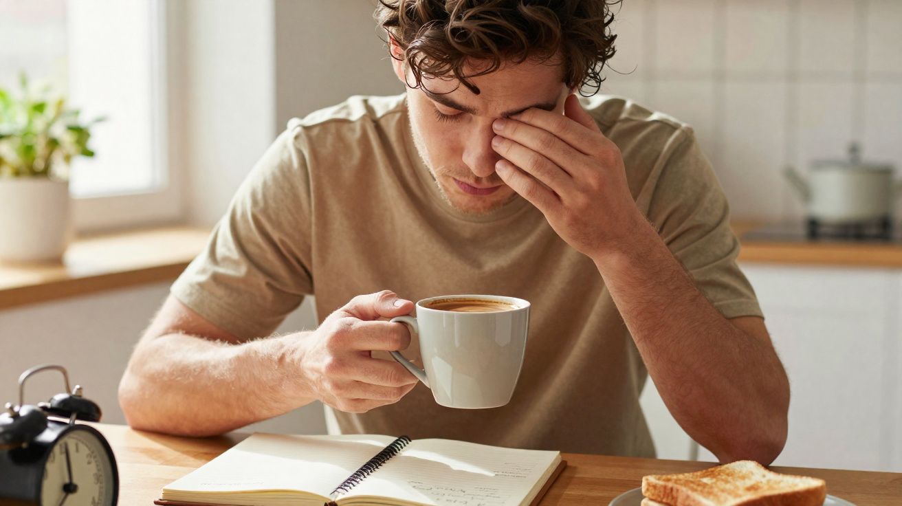 Jovem tomando café, esfregando os olhos, sentado à mesa com caderno aberto e torradas na cozinha.