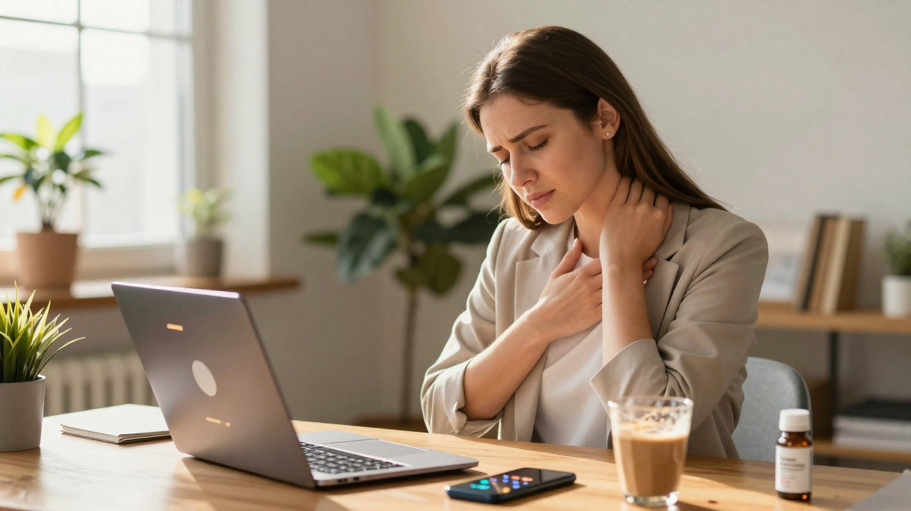 Mulher branca sentada à mesa do escritório, sentindo dor no pescoço, com laptop e remédio à sua frente.