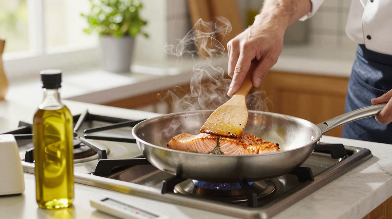 Pessoa virando filé de salmão em frigideira com espátula em fogão a gás, ao lado de garrafa de azeite.