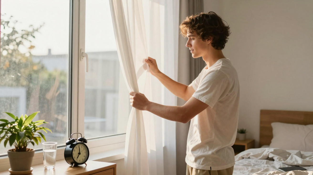 Jovem abrindo a cortina para deixar a luz entrar em quarto simples com cama e mesa ao lado.