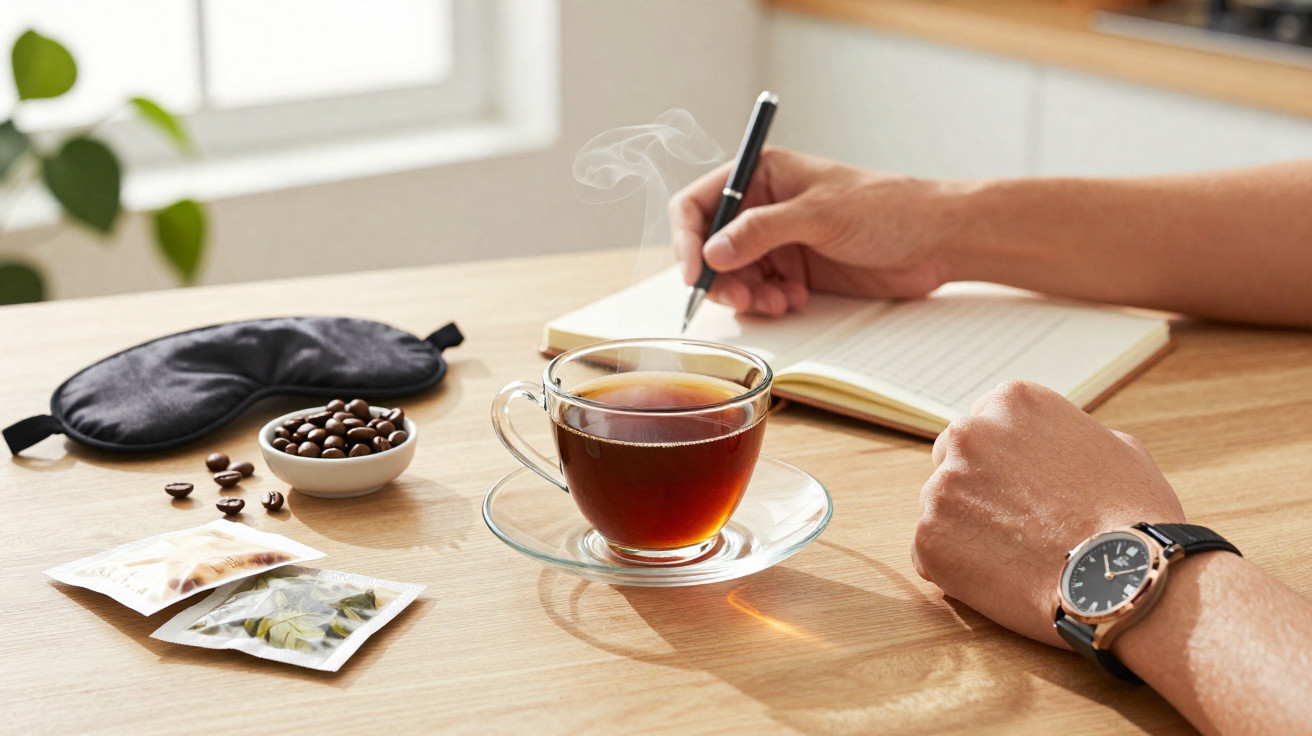 Pessoa escrevendo em caderno com xícara de chá quente, sementes, máscara de descanso e pulseira preta sobre mesa de madeira.