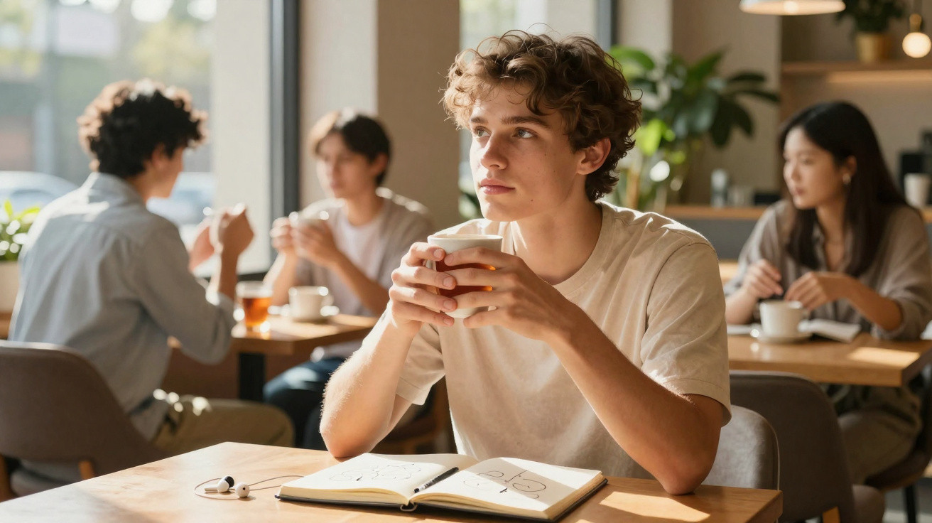 Jovem com camiseta branca segura xícara de café olhando para o lado em cafeteria com outras pessoas ao fundo.