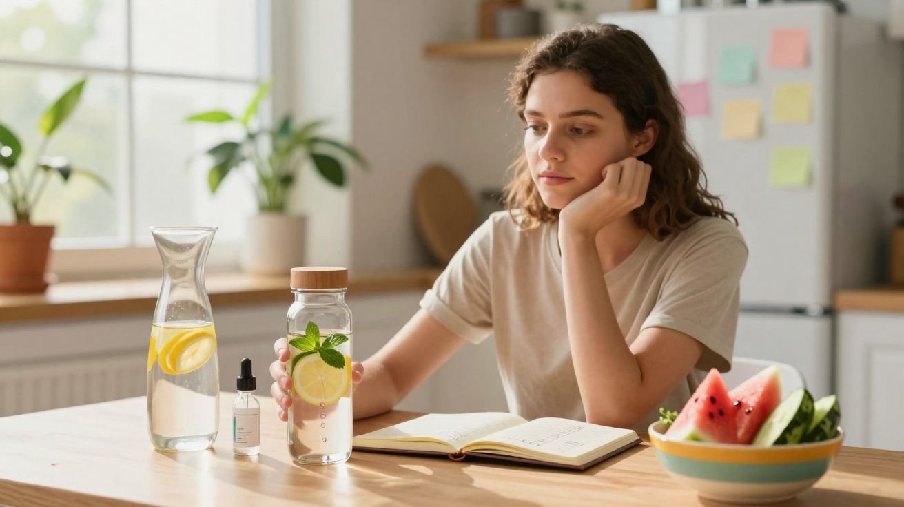 Jovem sentada à mesa segurando garrafa com água aromatizada, livro aberto e frutas na cozinha.