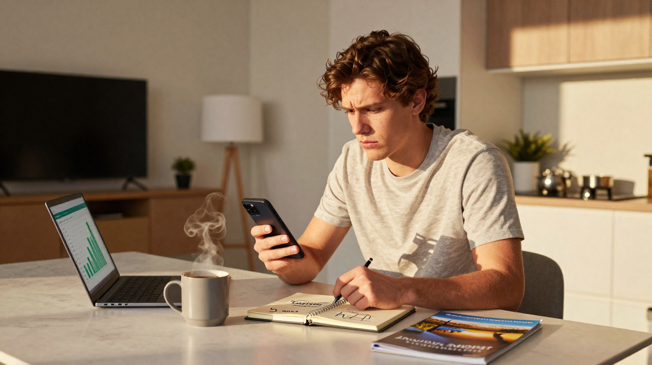 Jovem concentrado olhando o celular enquanto faz anotações com laptop e livros sobre a mesa.