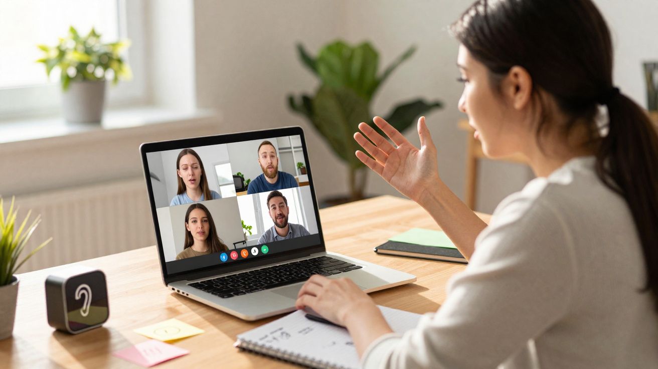 Mulher participando de videoconferência com quatro pessoas em laptop sobre mesa de escritório.