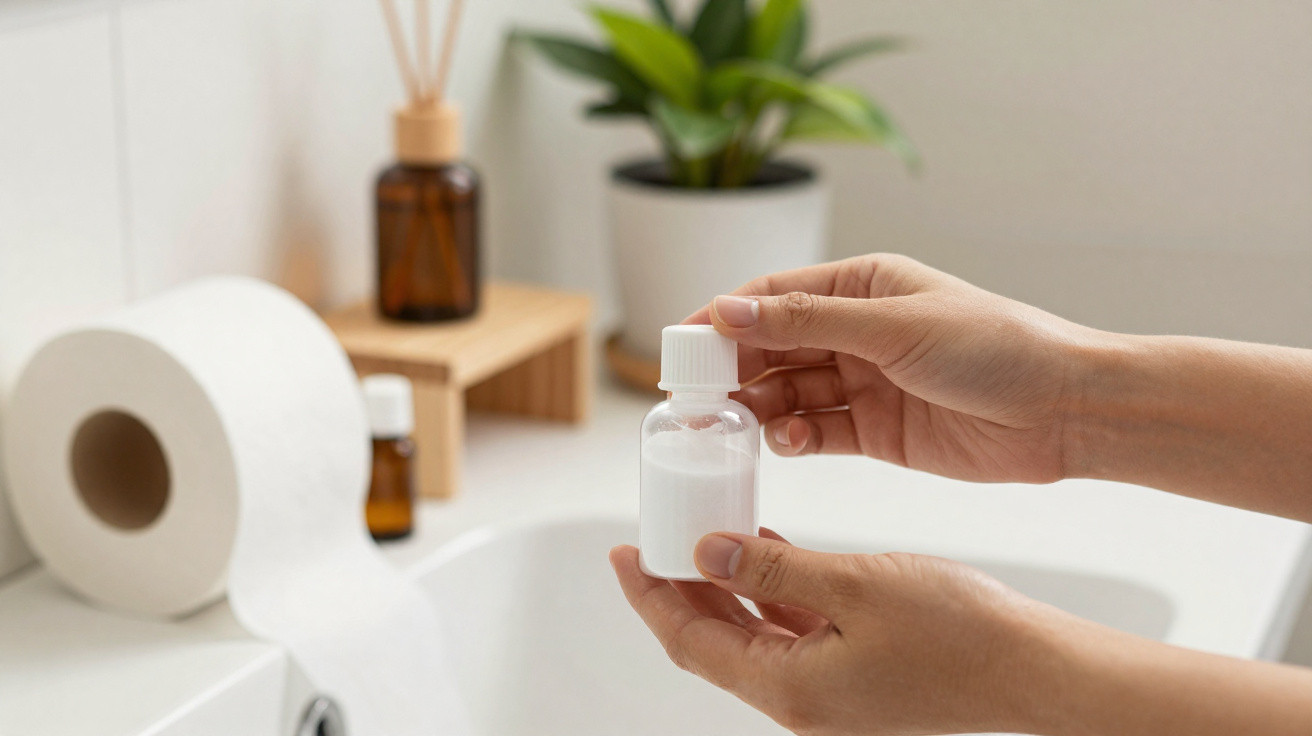Mãos segurando frasco pequeno de líquido branco em banheiro com papel higiênico, planta e aromatizador ao fundo.