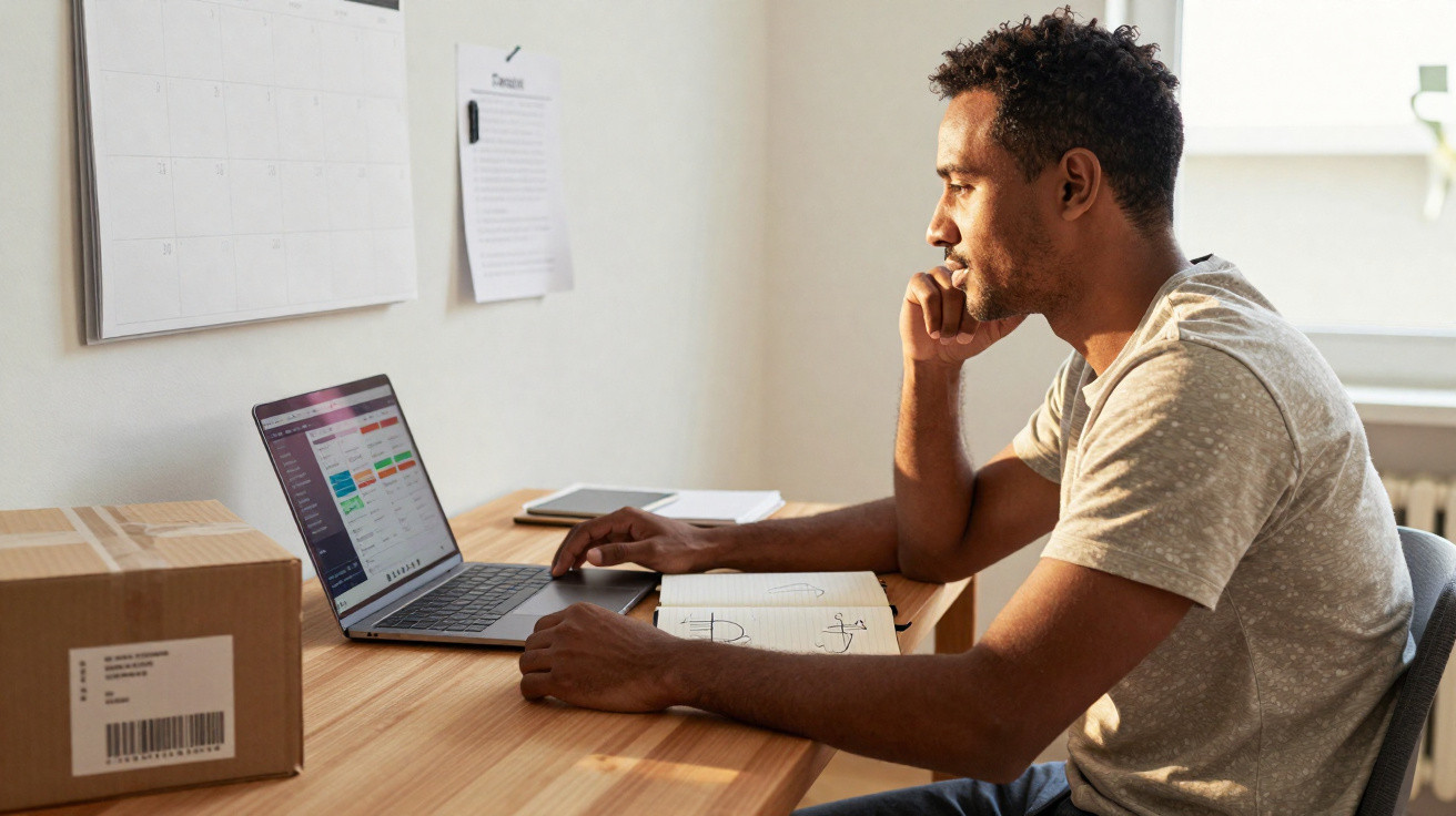 Homem sentado à mesa usando laptop para gerenciar entregas, com cadernos e caixas ao redor.