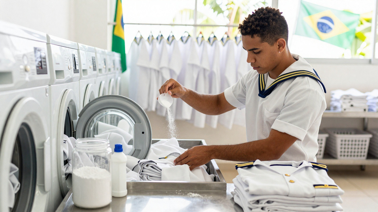 Jovem em uniforme naval coloca sabão em pó em roupas brancas na lavanderia com bandeiras do Brasil ao fundo.
