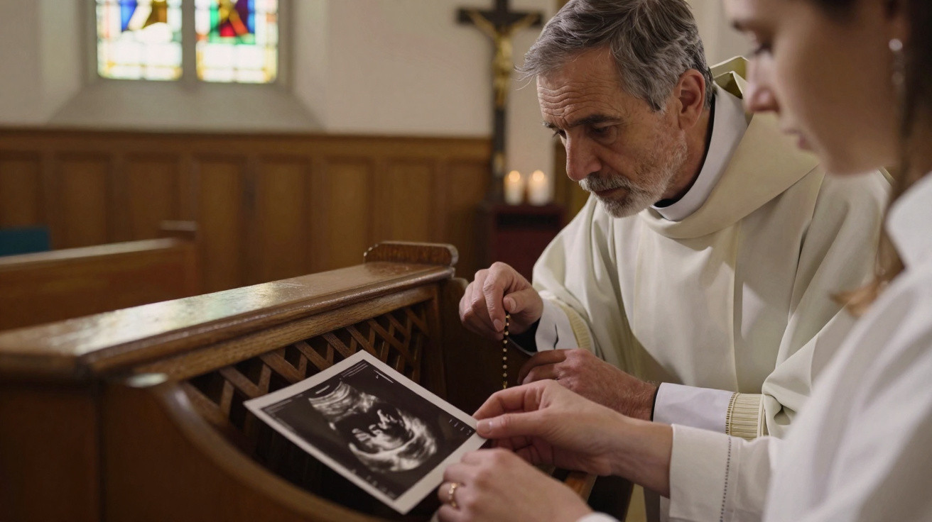 Padre e mulher em igreja olhando atentamente para exame de ultrassom segurando terço.