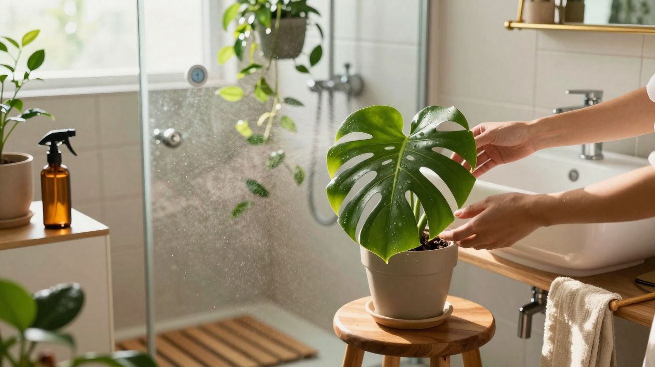 Mãos cuidando de planta Monstera em vaso dentro de banheiro iluminado com janelas e spray de água.