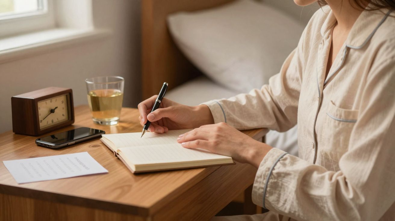 Pessoa em pijama escrevendo em caderno sobre mesa com relógio, celular, papel e copo de bebida.