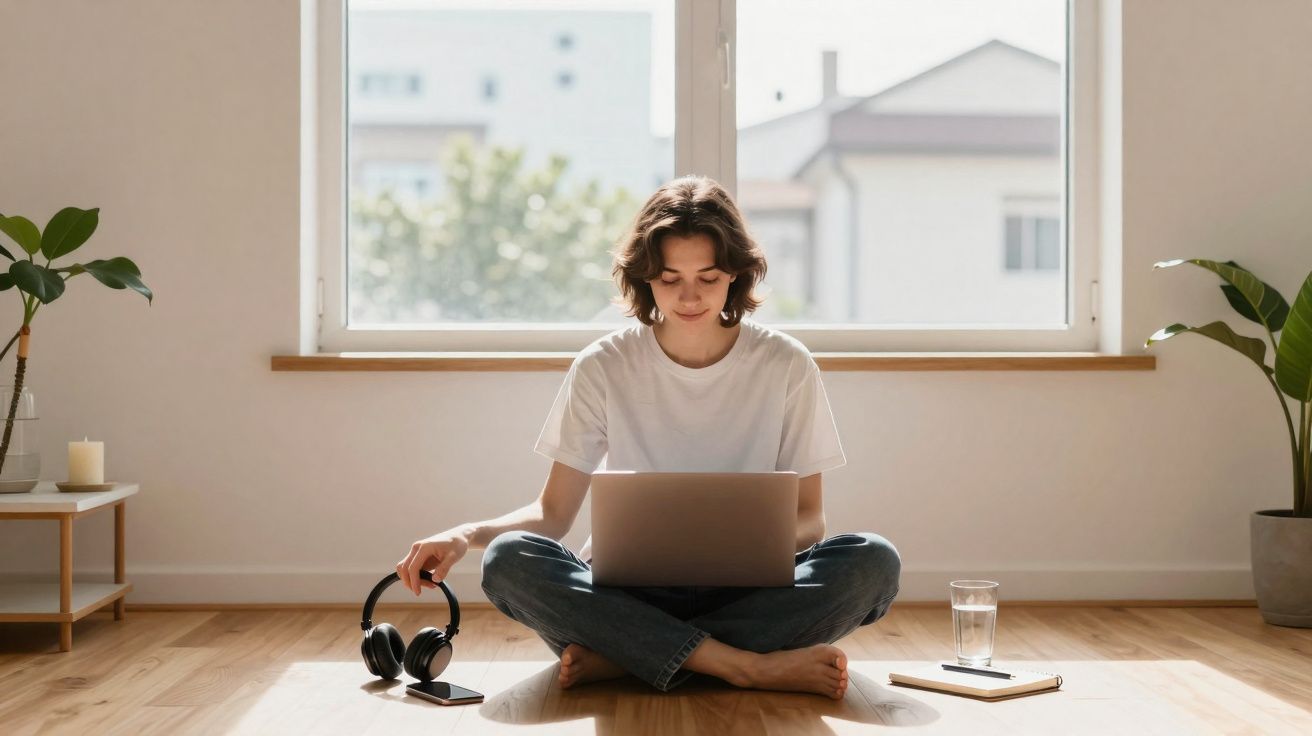 Pessoa sentada no chão de casa usando laptop, com janela grande ao fundo e fones de ouvido ao lado.