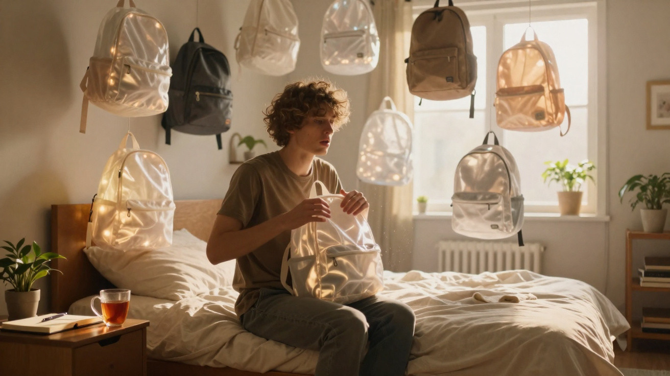 Jovem sentado na cama segurando mochila, várias mochilas transparentes flutuam ao redor em quarto iluminado.