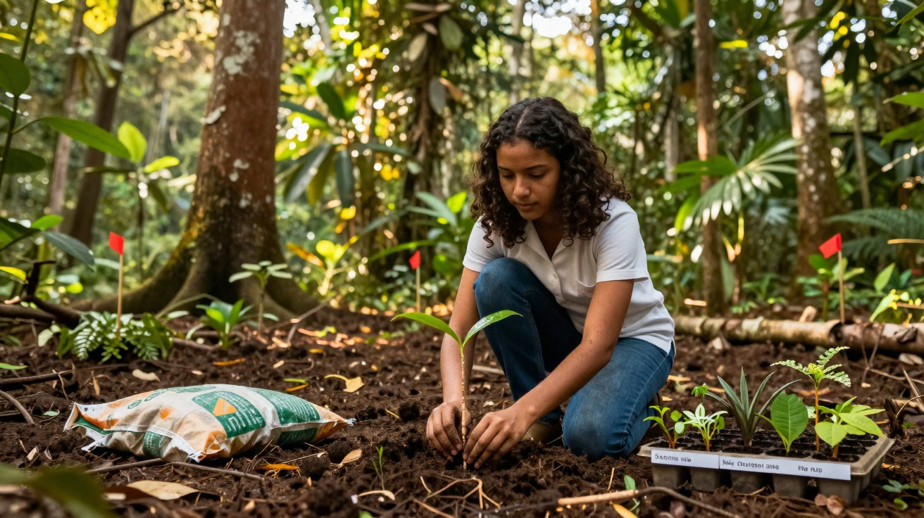 Jovem planta árvore no solo da floresta perto de mudas marcadas e saco de adubo.