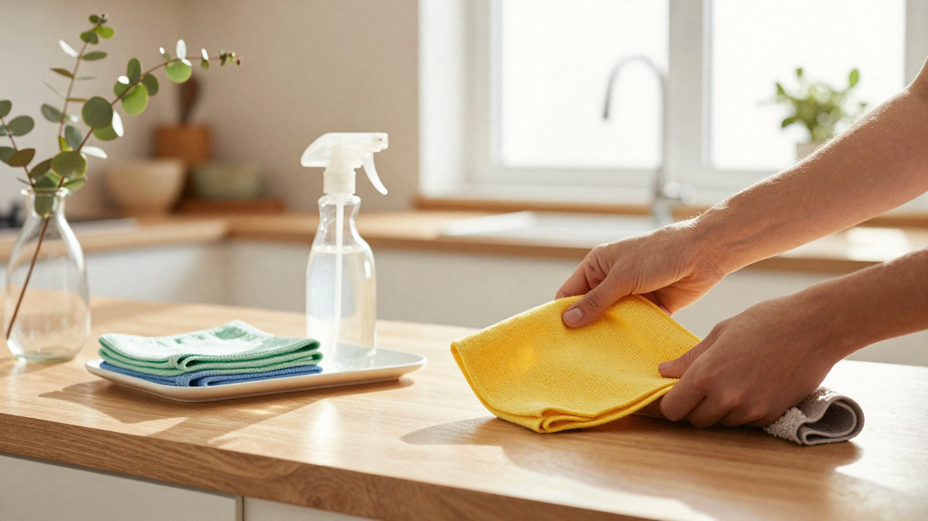 Mãos limpando uma bancada de madeira clara com pano amarelo, spray e panos sobre bandeja.