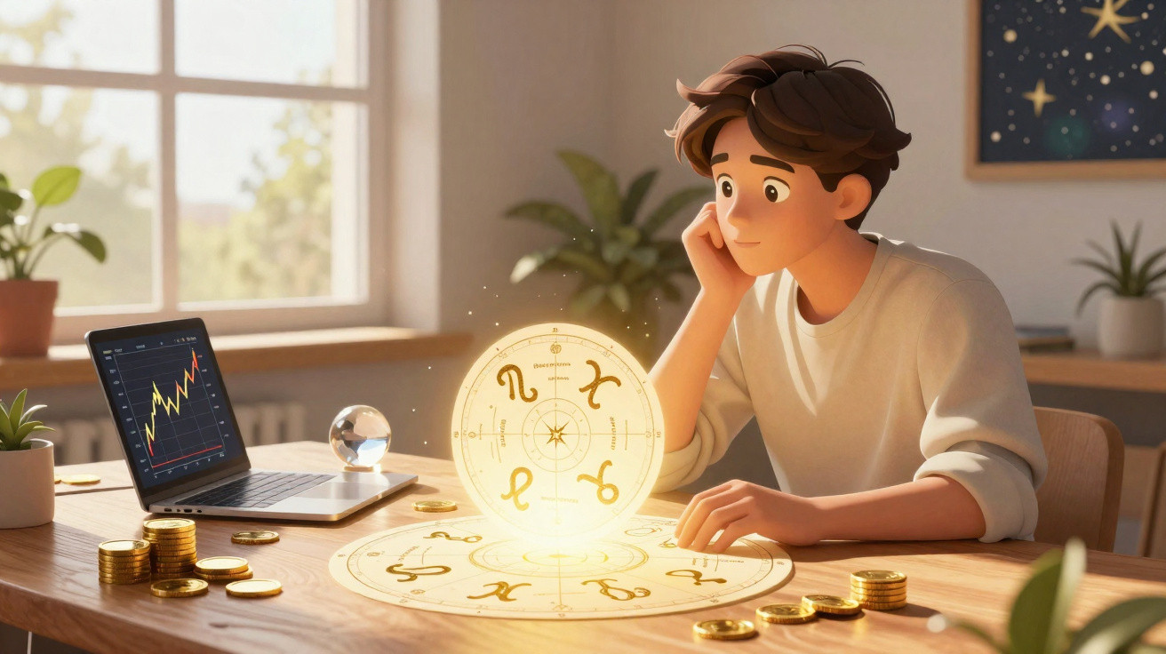 Jovem analisando gráficos financeiros e signos de astrologia em mesa com moedas e laptop.