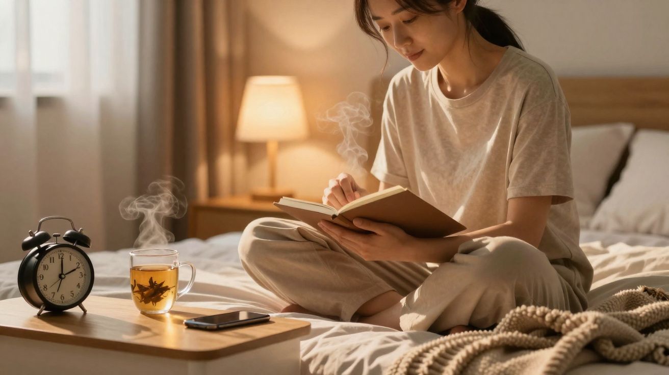 Mulher sentada na cama lendo um livro, com chá quente, despertador e celular na mesinha ao lado.