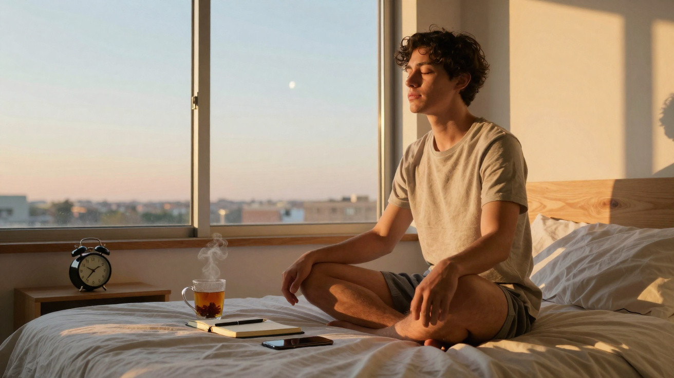Jovem sentado de pernas cruzadas na cama meditando ao nascer do sol com chá e relógio ao lado.