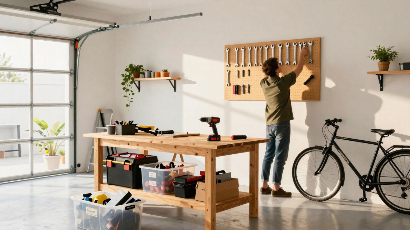 Oficina organizada com mesa de trabalho, ferramentas penduradas e bicicleta encostada na parede.