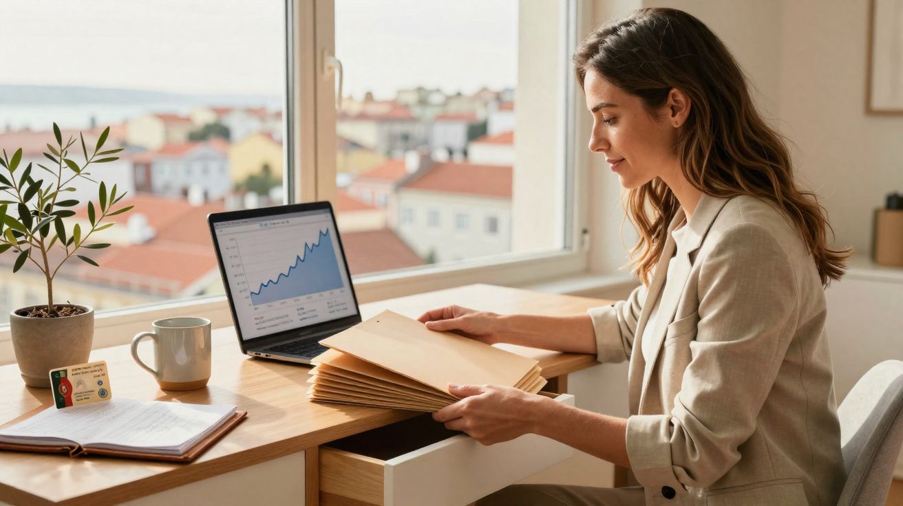 Mulher sentada à mesa organizando documentos com laptop e café próximo à janela com vista urbana.