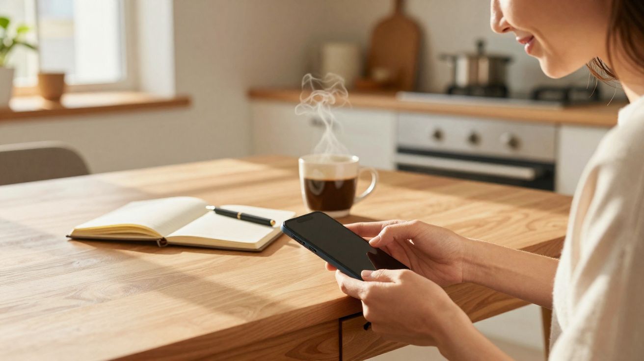 Pessoa usando celular à mesa de madeira com café quente, caderno aberto e caneta na cozinha.