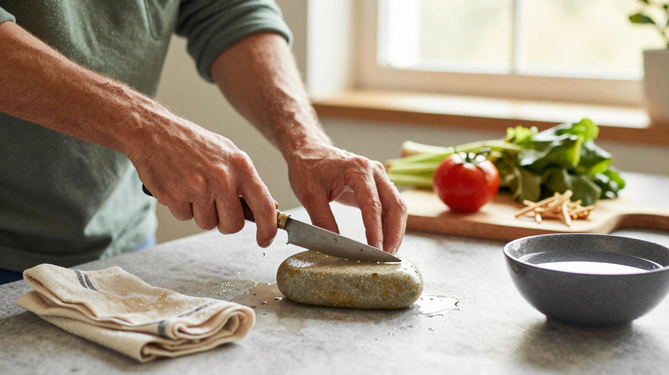 Pessoa usando faca para cortar pedra em cozinha com vegetais frescos ao fundo.