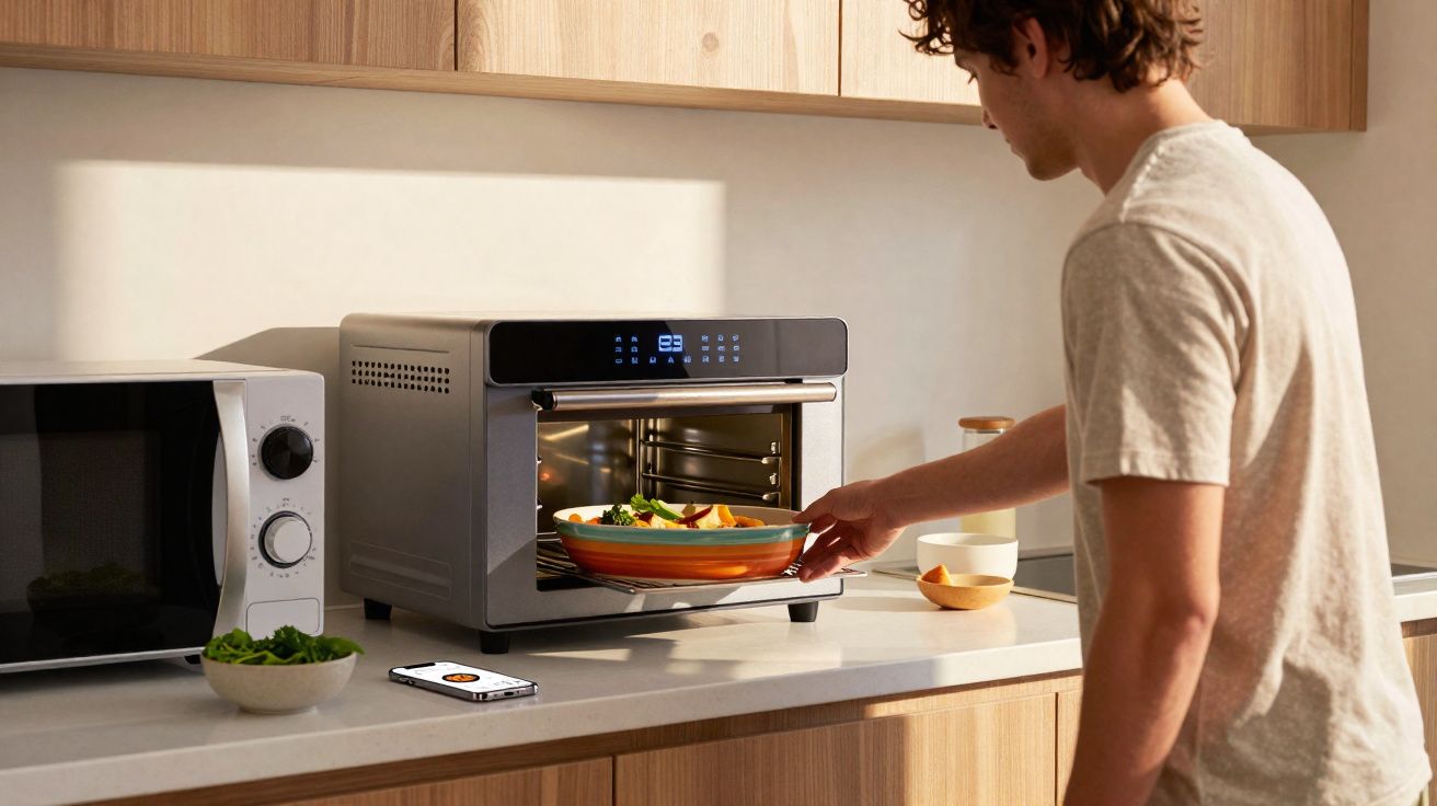 Homem tirando prato com comida saudável de forno elétrico na cozinha moderna.