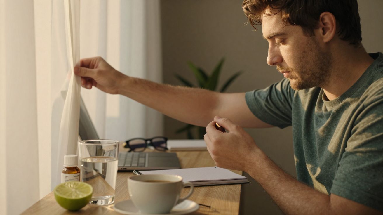 Homem abrindo cortina e pegando remédio na mesa com café, copo d'água e laptop ao fundo.