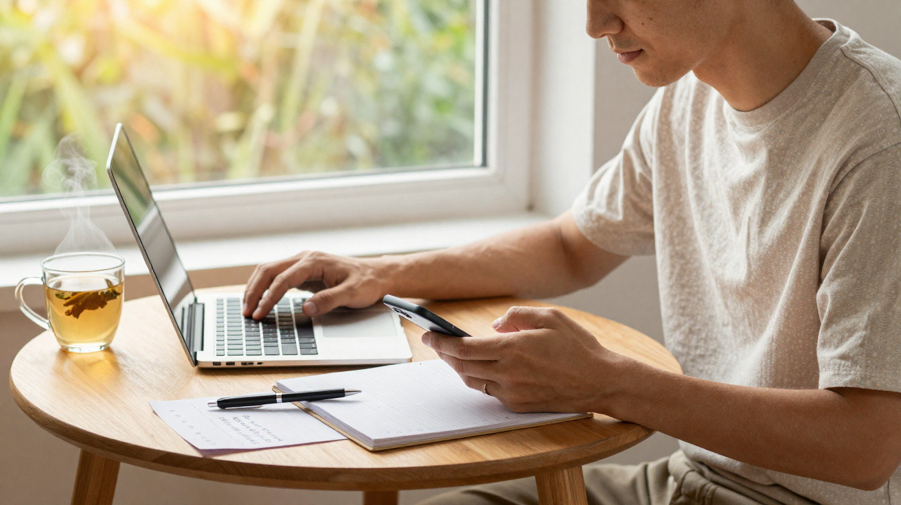 Homem trabalha em mesa com laptop, celular, caderno e chá perto da janela com luz natural.